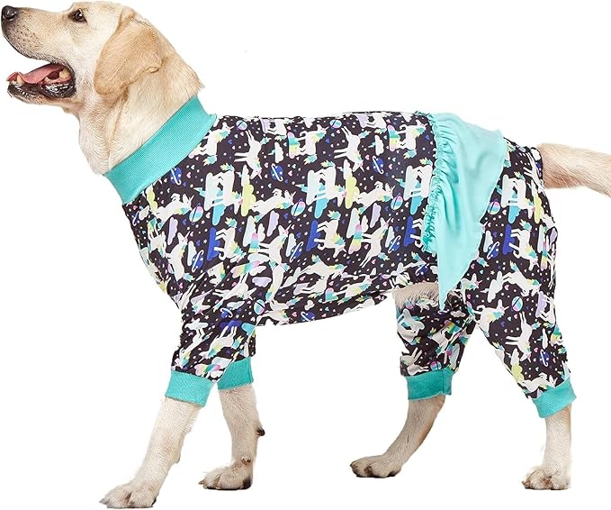 LovinPet Large Giant Dog Pajamas, Post Surgery Recovery Shirt for Large Dogs, Unicorns in Space Black Print, Lightweight Big Dogs Pullover, Full Coverage Breed Dog Jammies, Pet PJ's, 3XL
