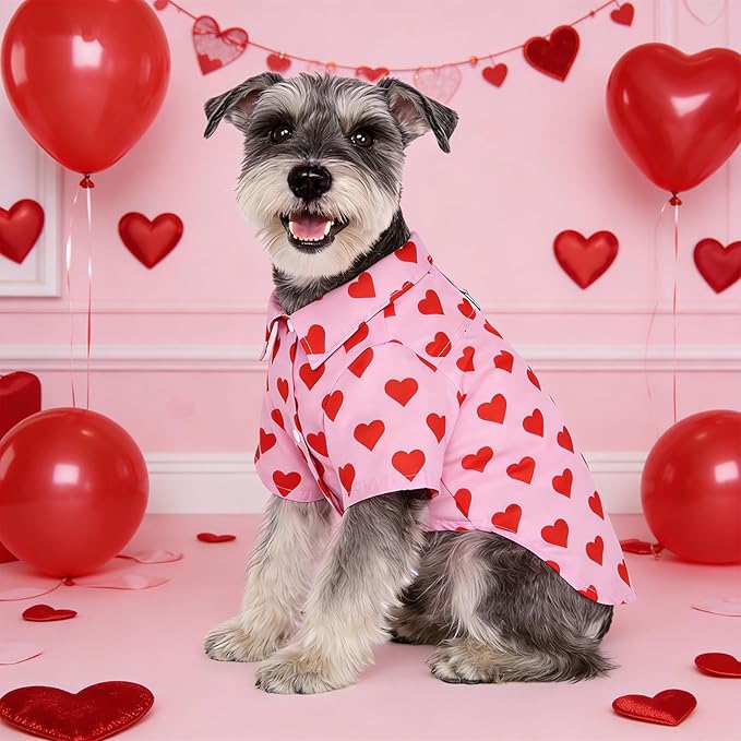 KOOLTAIL Valentine's Dog Shirt with Leash D-Ring, Soft Pet Botton Up Clothes for Small Medium Dogs, Breathable Heart Partten Puppy Polo Outfit with Sun & Insect Protection,Indoor Outdoor, Boy Girl, SM
