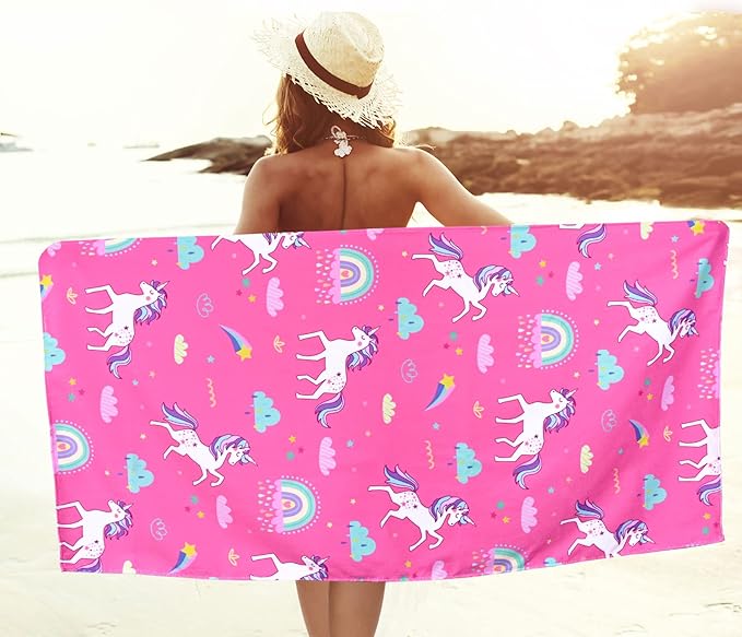 LIVILAN Pink Unicorn Rainbow Beach Towel, Perfect for Kids, Girls, Women, Soft Microfiber Bath, Pool, Swimming Towel, Thin, Quick Dry, Sand Free, Oversized 30" x 60", Cute Unicorn Gifts