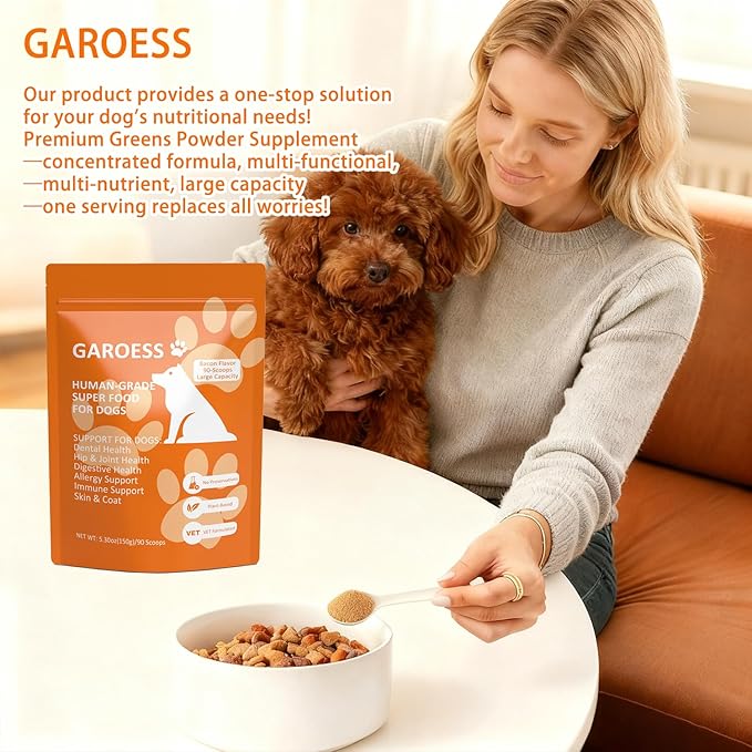 Human Grade Superfood for Dogs, Premium Green Powder, Cranberry,Pumpkin Powder, chlorella for Dental & Teeth, Hip & Joint, Gut Health, Allergies, Immune, Skin, Large Size, 90 Scoops（5.3oz