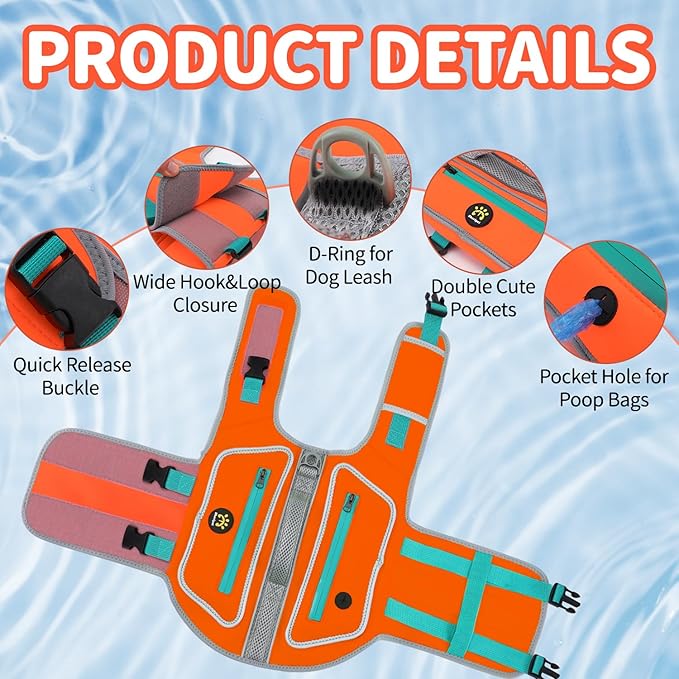 Dog Life Jacket for Puppy Small Dogs, High Buoyancy Dog Swim Vest with D-Ring, Adjustable Dogs Lifevest Swimsuit with Reflective Stripes, Pet Safety Vest for Swimming Boating, Orange, XXS