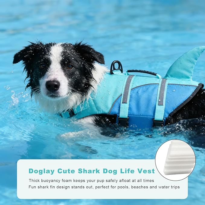 Doglay Shark Dog Jacket - Ripstop Life Vests for Swimming Boating with Rescue Handle & Adjustable Fit for Small to Large Dogs