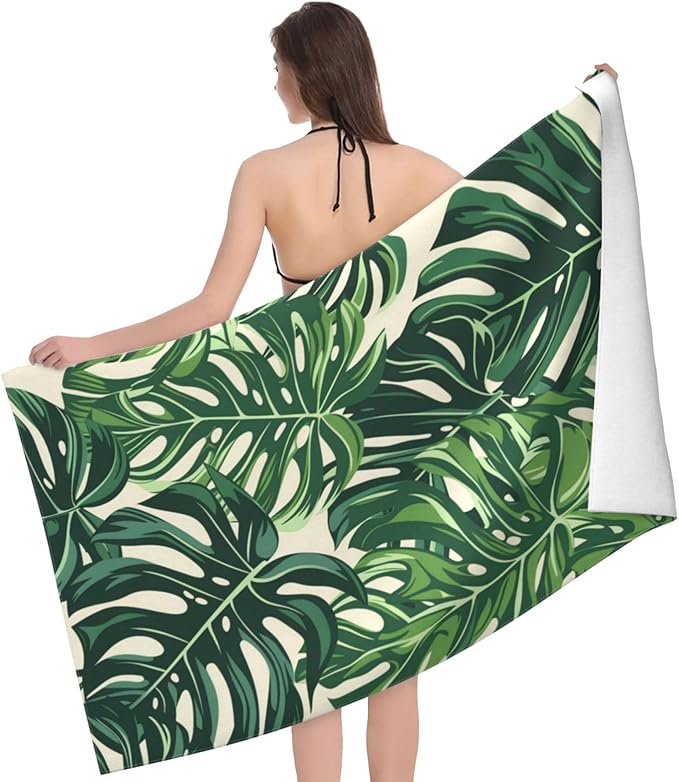 Monstera Leaf Beach Towel 31inx51in, Plant Sand-Free Microfiber Bath Towel Ultra Soft Quick Dry Pool Towel Absorbent Towel Lightweight Towel for Swimming Bathroom Decor