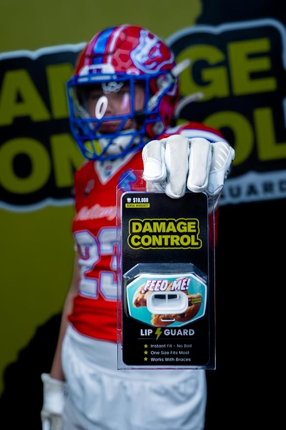 DAMAGE CONTROL Youth Football Mouth Guard – Breathable No Boil Mouthpiece, Protects Lips & Teeth, Works with Braces, Includes Helmet Strap – Sports Gear & Accessories (Feed Me!)