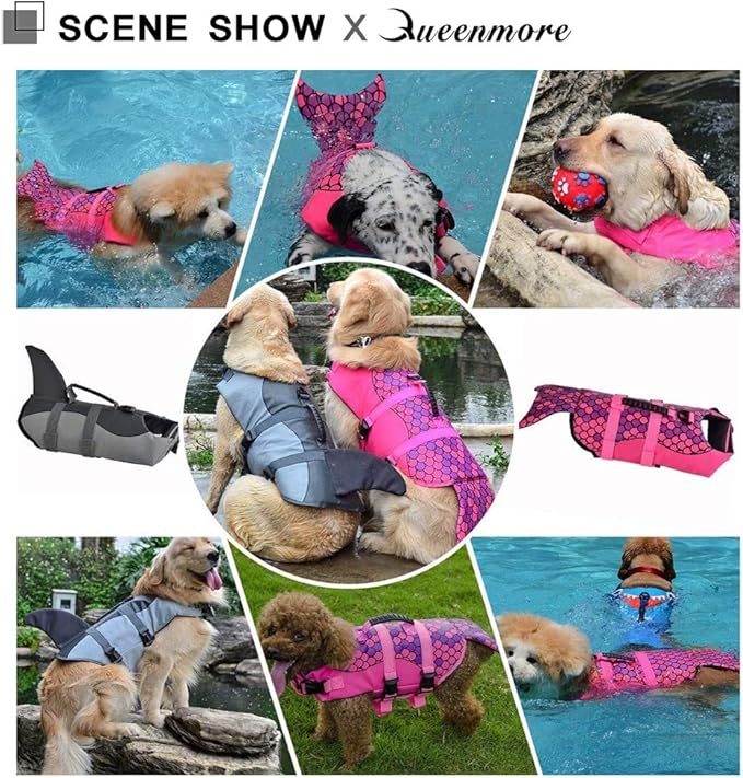 Queenmore Dog Life Jacket Ripstop Shark Dog Safety Vest Adjustable Preserver with High Buoyancy and Durable Rescue Handle for Small,Medium,Large Dogs, Pink Fish Medium