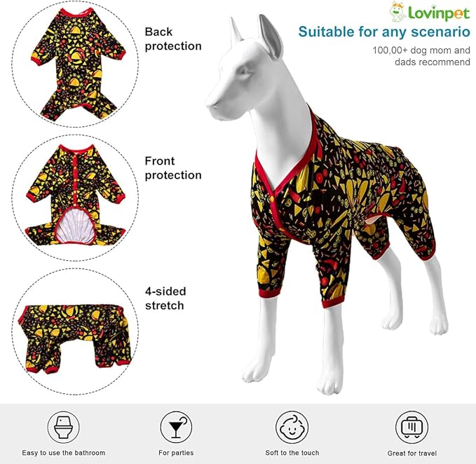 LovinPet Giant Dogs Pajamas Onesies, Big Dog Onesie Post Surgery Wear, PJS for Pitbulls, Lightweight Pitbull Dog Pullover Pajamas, Full Coverage Dog Pjs, Black Taco Print, Pitbull Clothes, Large