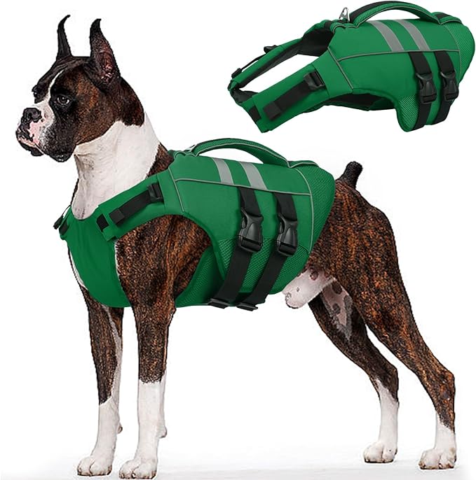 Kuoser XXL Dog Life Jacket, High Flotation Large Dog Life Vest for Swimming Boating, Reflective Dog Swimming Vest Pet Life Preserver with Rescue Handle, Green XXL