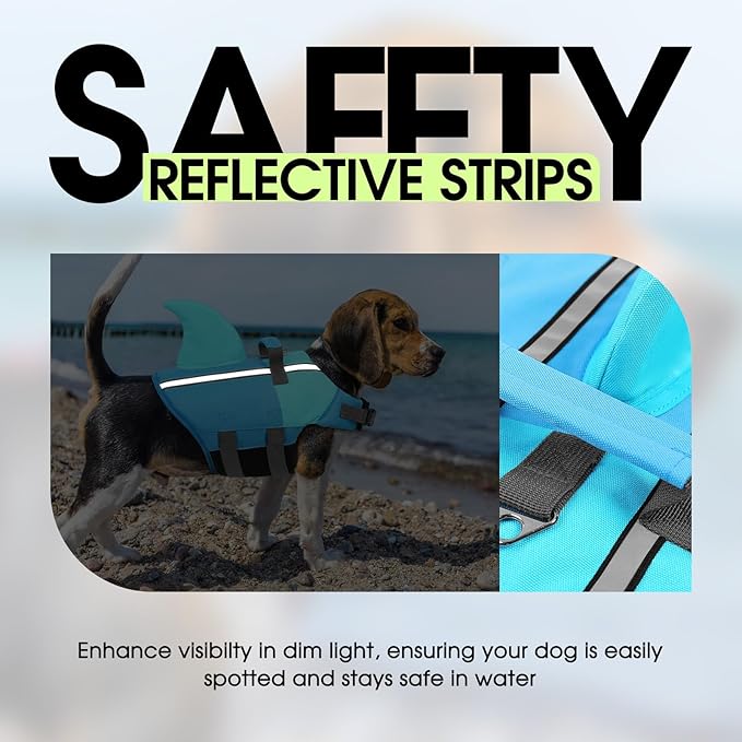 SUNFURA Dog Life Jacket Shark Life Vest for Dogs, Adjustable Swmming Vest with High Buoyancy, Safety Lifesaver with Rescue Handle for French Bulldog Small Medium Breeds, PoolBlue M