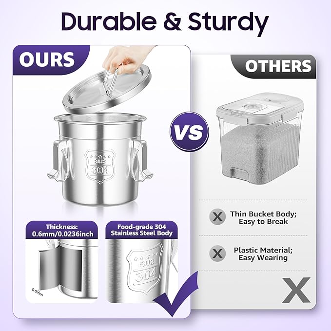 6L Stainless Steel Airtight Canister Rice Cereal Grain Canisters Container Food Oil Sugar Milk Storage Bucket w/Handles+Lid Cylinder Jar for Household Kitchen Bar Restaurants Silver (6L)