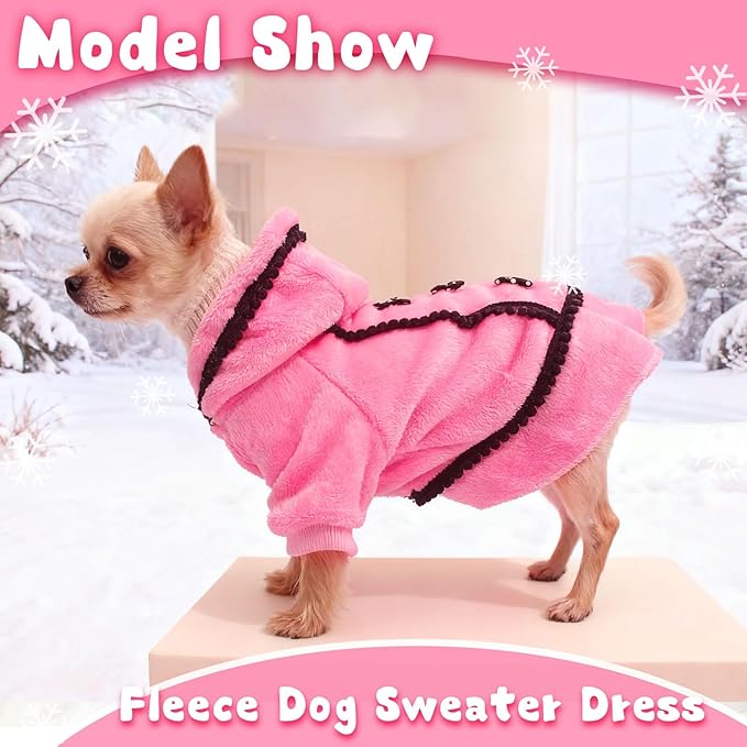 Puppy Sweaters for Small Dogs Girl Dog Dresses Winter Fleece Dog Sweater Warm Puppy Sweaters with Leash Hole Cute Pink Doggie Clothes Bowtie Chihuahua Sweater Pet Hoodie Cold Weather (X-Small)