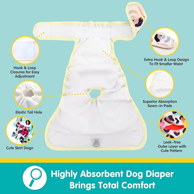 Washable Dog Diapers Female 3 Pack Reusable Premium Highly Absorbent Doggie Diaper, Flexible Puppy Diaper, Durable Leak-Proof Leopard Dog Diapers for Period Heat Incontinence Puppy Training, L