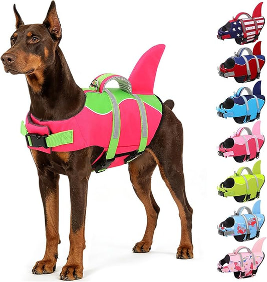 AOFITEE Dog Life Jacket, Dog Life Vest for Swimming, Shark Dogs Swimming Vest with Rescue Handle and Reflective Stripe, Ripstop Pet Float Coat Swimsuit Lifesaver Small Medium Large Dogs Hot Pink M