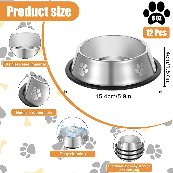 12PCS Stainless Steel Dog Bowls, 7OZ Metal Feeding Bowl with Non-Slip Rubber Base, Pet Food and Water Dishes for Small Medium Animals Kitten Puppy Rabbit Cats