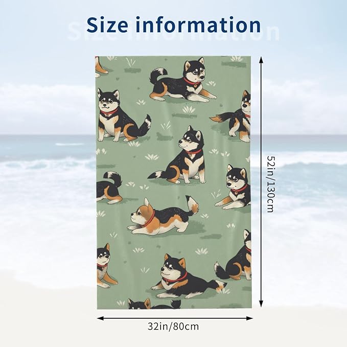 Cute Shiba Inu Beach Towel,32x52in Microfiber Quick Dry Cartoon Dog Puppy Green Bath Towels,Soft Lightweight Oversized Sand Free,for Travel Pool Swimming Gym Decor,Gifts