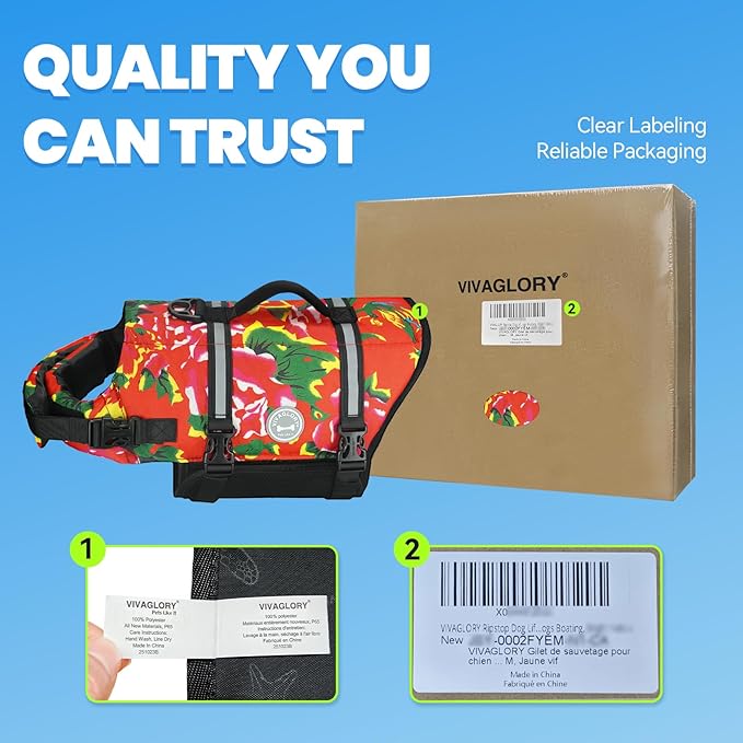 VIVAGLORY Rip Stop Dog Life Vest, Swimming Vest with Handle, Buoyancy for Doggy Puppy, Dog Life Jacket for Swimming & Boating, M, Northeast Florals-Red
