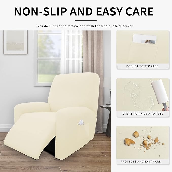 Easy-Going 4 Pieces 100% Dual Waterproof Recliner Cover Stretch Soft Couch Cover for Dogs, Sofa Slipcover for Recliner Couch Leakproof Furniture Protector for Kids, Pets Ivory