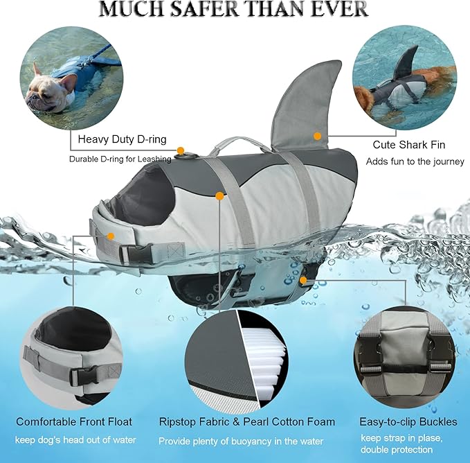 Dogcheer Dog Life Jacket Shark, Adjustable Dog Swim Life Vest for Swimming Boating with Superior Buoyancy & Rescue Handle, Ripstop Pet Flotation Vest for Small Medium Large Dogs - Grey, XS