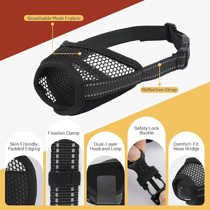 PAWsay 2 Pack Dog Muzzle, Soft Dog Muzzle for Extra Large Sized Dogs Anti Biting Barking Chewing Grooming, Air Mesh Breathable Dogs Mouth Guard Drinkable Adjustable Pet Muzzles, Black XL