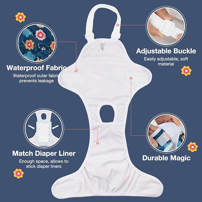 MICOOYO Dog Diaper Onesie Sanitary Pantie with Adjustable Suspender Washable Dog Period Panties Doggie Diapers Pet Underwear Female Dogs Diapers for Heat (Floral, L/XL)