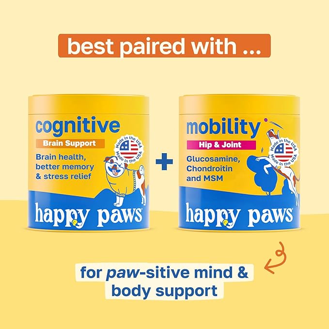 Happy Paws Cognitive Taurine Supplement for Dogs, Soft Chews with Spirulina, CoQ10 & Vitamins B1, B3, B12, Senior Dog Vitamins That Support Cognitive Function, Memory and Focus,