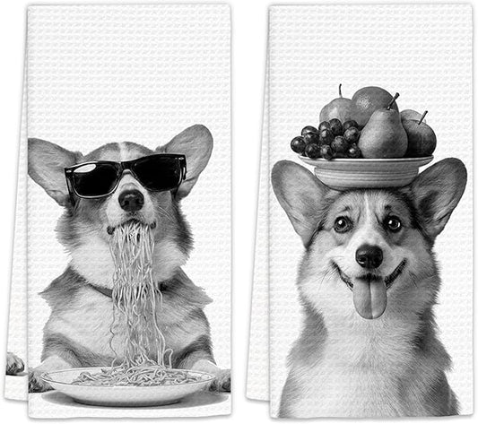 Corgi Gifts Funny Dog Kitchen Towels Set of 2, Funny Dog Eating Pasta with Fruit Bowl Decorative Hand Dish Towel for Kitchen Home Bar, Gifts for Corgi DogLovers Owners Home Decor(16x24Inch)