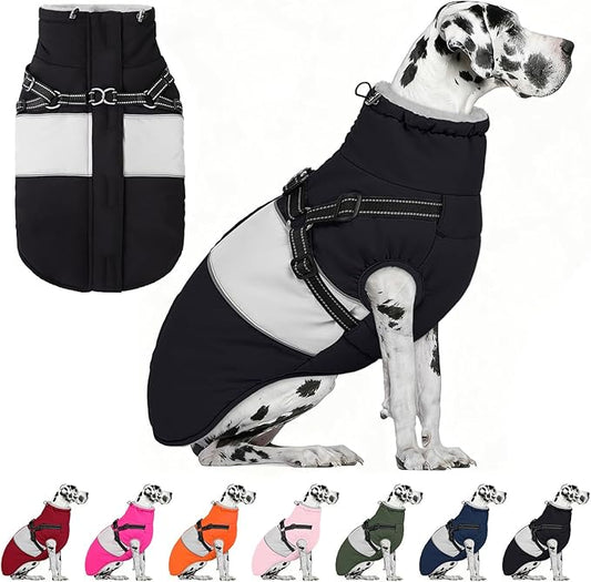 AOFITEE Dog Coats for Large Dogs, Dog Winter Coat, Dogs Coat with Harness Built in, Reflective Waterproof Pet Jacket with Furry Collar, Warm Fleece Pet Sweater for Doberman, Great Dane, Black XXXL