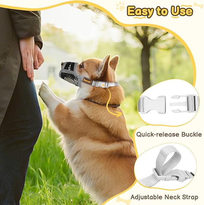 Mayerzon Dog Muzzle for Biting, Patented Soft Breathable Mesh Muzzle for Small Medium Dogs Chihuahua Dachshund Poodle, Adjustable Mouth Cover for Grooming, Chewing, Vet Visits (Grey Trim, XXS)