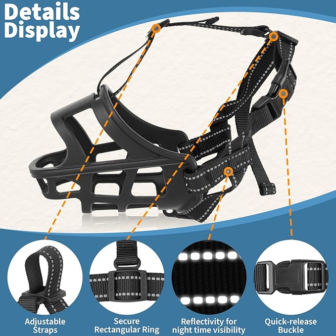 BARKLESS Dog Basket Muzzle for Medium & Large Dogs, Humane Cage Muzzle Prevent Biting Scavenging, Breathable Open Front Mouth Cover with Reflective Strap for Training, Walking Vet Visits (Black, M)