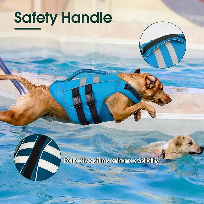 Kuoser XXL Dog Life Jacket, High Flotation Large Dogs Water Vest for Swimming Boating, Reflective Doggie Swim Vest Pet Life Preserver with Rescue Handle, Blue XXL