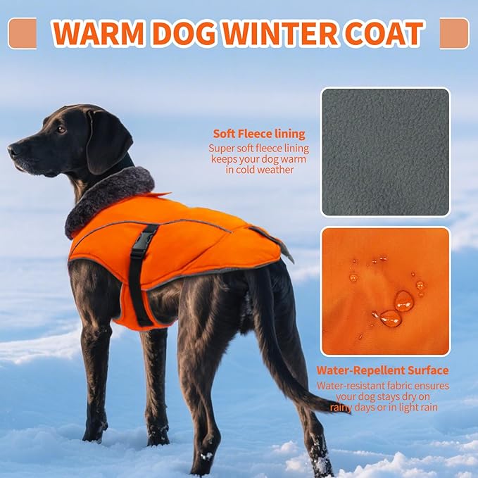 DENTRUN Winter Warm Dog Coat Reflective Jacket with Turtleneck for Cold Weather, Adjustable Buckle Windproof Water Repellent, Thick Snowsuit Fleece Vest for Small, Medium, Large Dogs, Orange, S