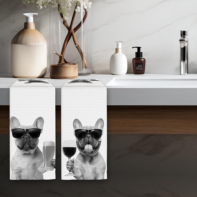 French Bulldog Gifts Wine Kitchen Towels Set of 2, Funny French Bulldog Wine Lover Decorative Hand Dish Towel for Kitchen Home Bar, Gifts for Dog Beer Lovers Home Bar Cart Decor(16x24Inch)