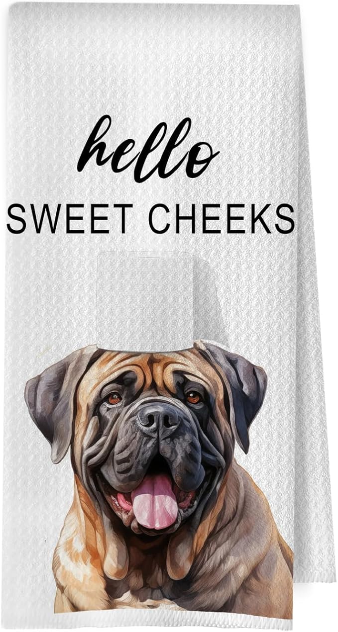 Funny Mastiff Bathroom Decor - Mastiff Gifts Decorative Waffle Hand Towels, Hello Sweet Cheeks Bathroom Decor, 16x24 Inches