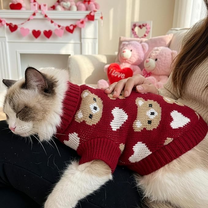 Vehomy Puppy Valentine's Sweater Dog Cat Love Heart Sweater Sweet Heart Kitten Knitwear Clothes Cute Small Pet Valentines Outfit Costume for Cats Small Dogs XL
