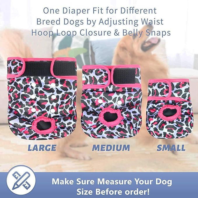 Leekalos Reusable Washable Dog Diapers Female (3 Pack) - Highly Absorbent Doggie Diapers - Size Adjustable Puppy Diapers for Dog Period Panties (Medium, Leopard)