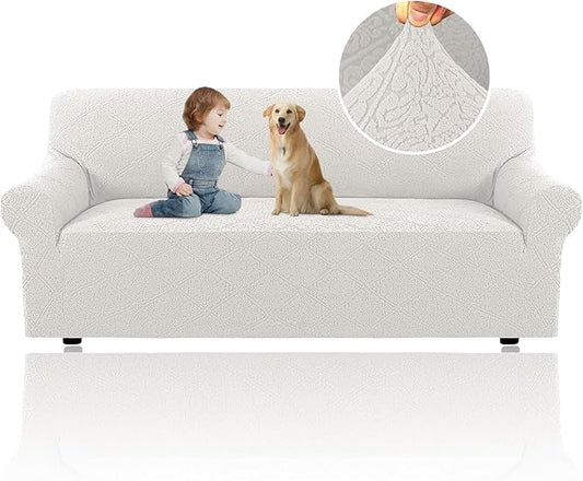 H.VERSAILTEX Jacquard Couch Cover for Dogs Washable 1 Piece High Stretch Sofa Covers Anti-Slip Furniture Protector with Elastic Bottom Soft Thickened Damask Pattern Fabric(Sofa, Pale Oak)
