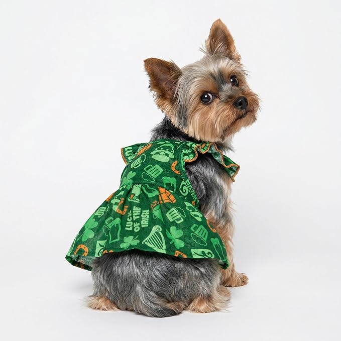 Fitwarm St Patricks Day Ruffle Dog Dress, Lucky Dog Clothes for Small Dogs Girl, Funny Pet Outfit, Green, Orange, XS