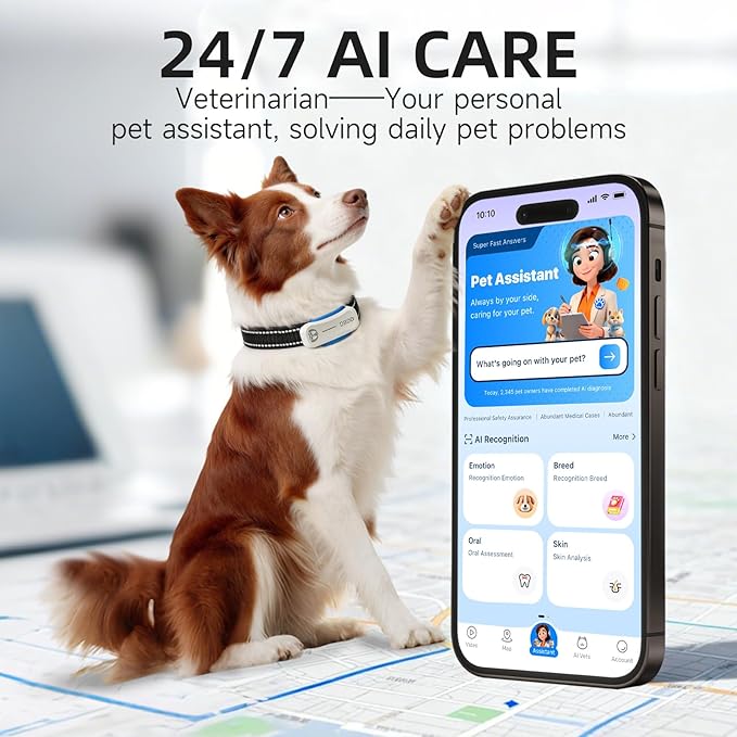 AI GPS Tracker for Dogs (30lbs+), Real Time Location and AI Vet Health Management, Electronic Fence, Waterproof, iOS and Android Universal (D5-White)
