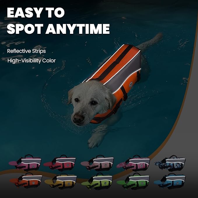 VIVAGLORY Front Float Dog Life Vest, Dog Life Jacket for Swimming & Boating, Swimming Vest with Chin Float & Handle, Ripstop & Buoyancy for Puppy Doggy, L, Bright Orange