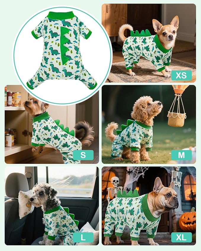 CuteBone Dinosaur Costume Dog Pajamas, Stretchy Spandex Crystal Velvet Sleepwear Coat for Small Dogs, Soft & Warm Pet Outfit Clothes for Cold Weather, Cozy Pullover Design COSP16L