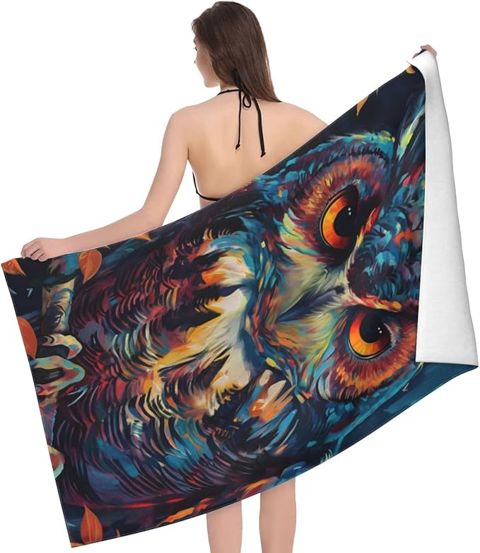 Owl Beach Towel 31inx51in, Bird Sand-Free Microfiber Bath Towel Ultra Soft Quick Dry Pool Towel Absorbent Towel Lightweight Towel for Swimming Bathroom Decor