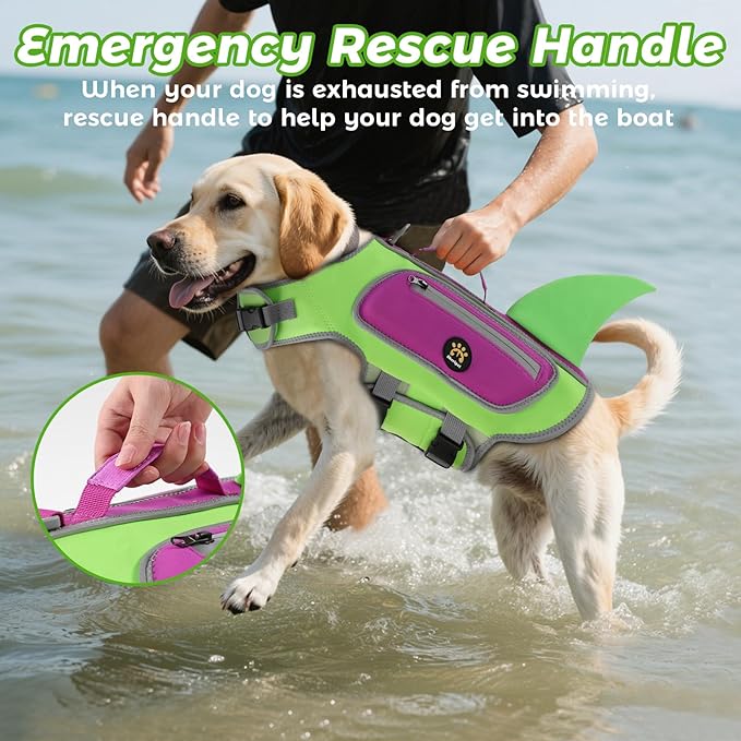 Dog Life Jacket, High Buoyancy Shark Dog Safety Vest, Neoprene Pet Life Preserver with Good Visibility and Reflective, Puppy Swim Floating Vest with Rescue Handle for Boating (Green, Small)