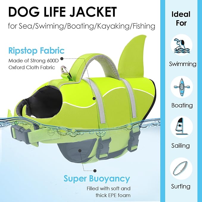 AOFITEE Dog Life Jacket, Dog Life Vest for Swimming, Shark Dogs Swimming Vest with Rescue Handle and Reflective Stripe, Ripstop Pet Float Coat Swimsuit Lifesaver Small Medium Large Dogs Green XL