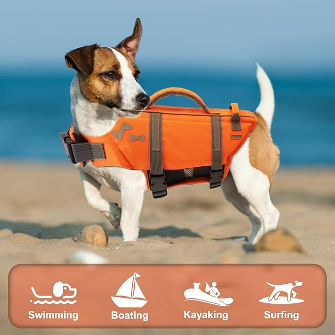EMUST Dog Life Jacket, Lightweight Dog Life Vests with Rescue Handle for Small Medium and Large Dogs, Pet Safety Swimsuit Preserver for Swimming Pool Beach Boating, 2XL, NewOrange