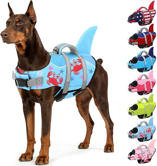 AOFITEE Dog Life Jacket, Dog Life Vest for Swimming, Shark Dogs Swimming Vest with Rescue Handle and Reflective Stripe, Ripstop Pet Float Coat Swimsuit Lifesaver Small Medium Large Dogs Blue Crab XL