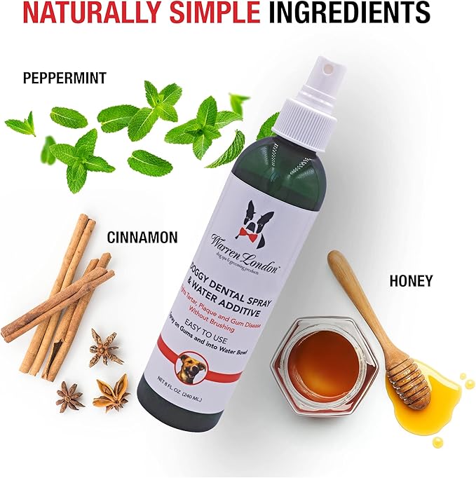 Warren London Doggy Dental Spray & Water Additive | Fresh Breath for Dogs & Cats | Natural Peppermint & Honey Formula for Teeth & Gums | Easy Dog Mouth Spray or Water Bowl Add-in | Made in USA – 8 oz
