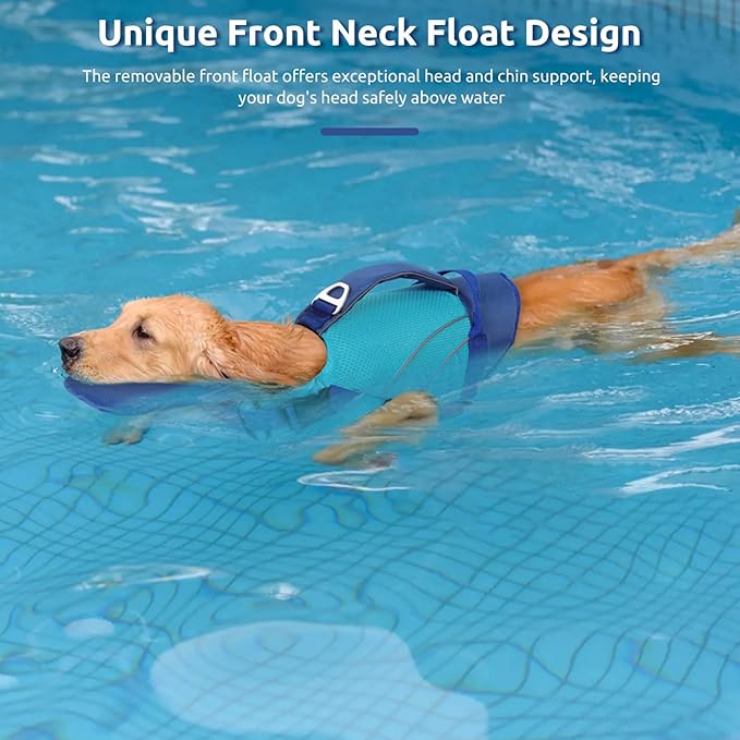 Queenmore Dogs Life Jackets, Dog Life Vest for Swimming Medium, Ripstop Pet Lifesaver with Rescue Handle, Chin Float Dog Life Jacket, Cat Pool Float (Blue,M)