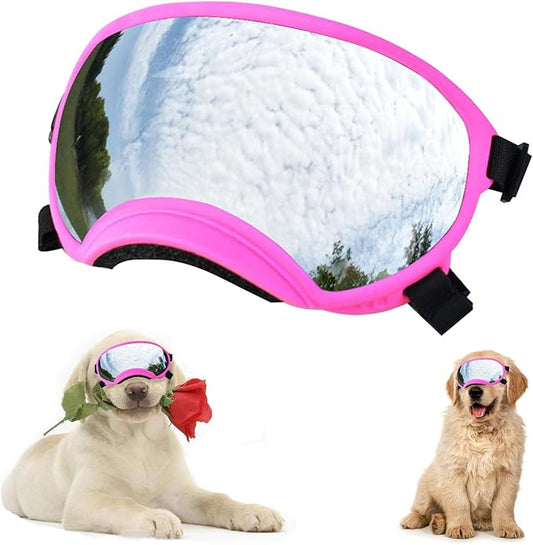 Soft Samll Dog Sunglasses Dog Goggles for Large Breed UV/Wind/Dust Protection Winproof Dog Puppy Sunglasses Pet Glasses Eye Wear with Adjustable Strap (Pink Frame & Silver Lens/Large)