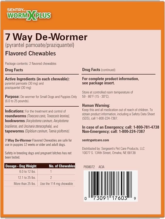 7 Way De-Wormer Chewables for Dogs - Tablets for Small Dogs & Puppies (6-25 lbs) (pyrantel pamoate/praziquantel), 2 Count