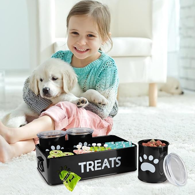 3-Compartment Dog Treat Container with Lids-Airtight 28oz Food Storage Containers for Pets & Snacks, Coated Galvanized Steel Countertop Canister, Kitchen Pantry Organization System-White (Black)