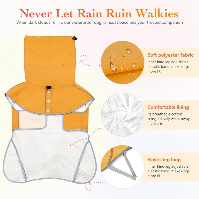 Reflective Dog Raincoat, Windproof & Waterproof Dog Rain Jacket, Adjustable Hooded Pet Poncho with Leash Hole for Small, Medium, Large Dogs(S-2XL) (Yellow, Small)